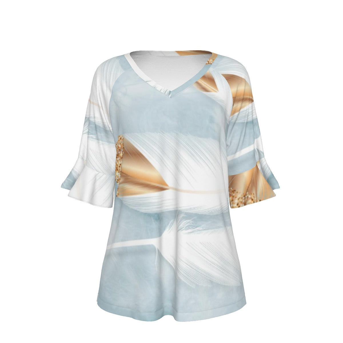 All-Over Print V-neck Women's T-shirt With Bell Sleeve