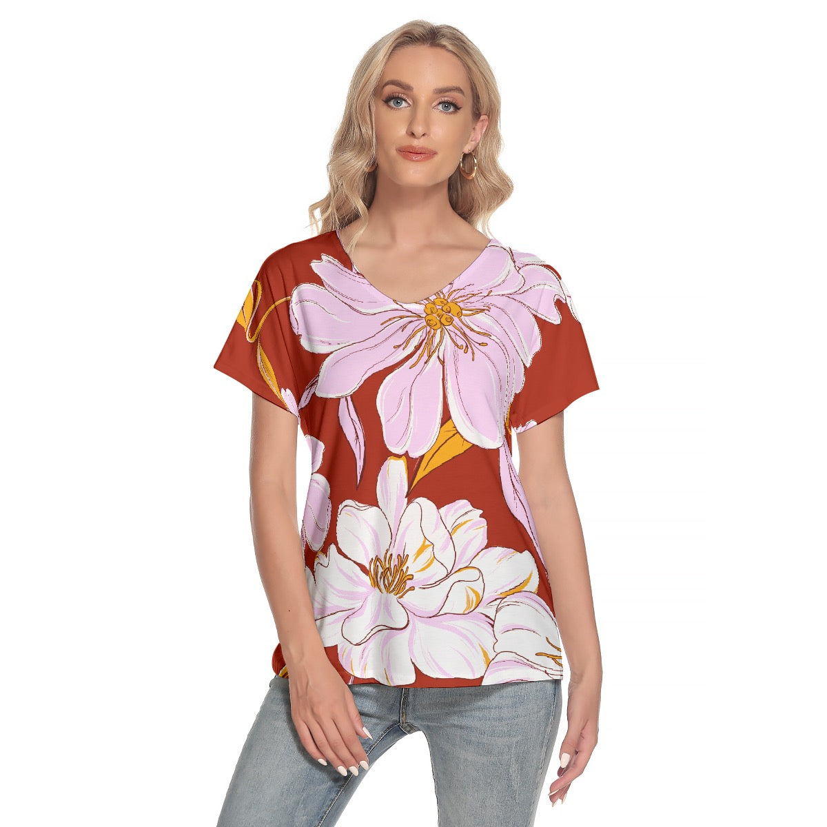 All-Over Print Women's Loose V-neck Short Sleeve T-shirt