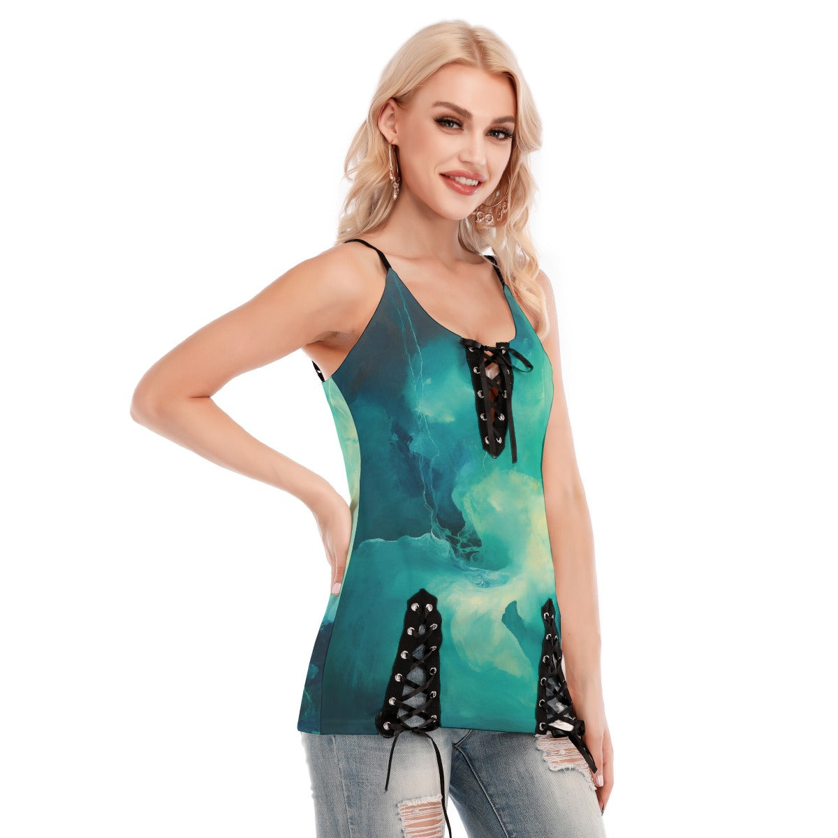 All-Over Print Women's V-neck Eyelet Lace-up Cami Dress