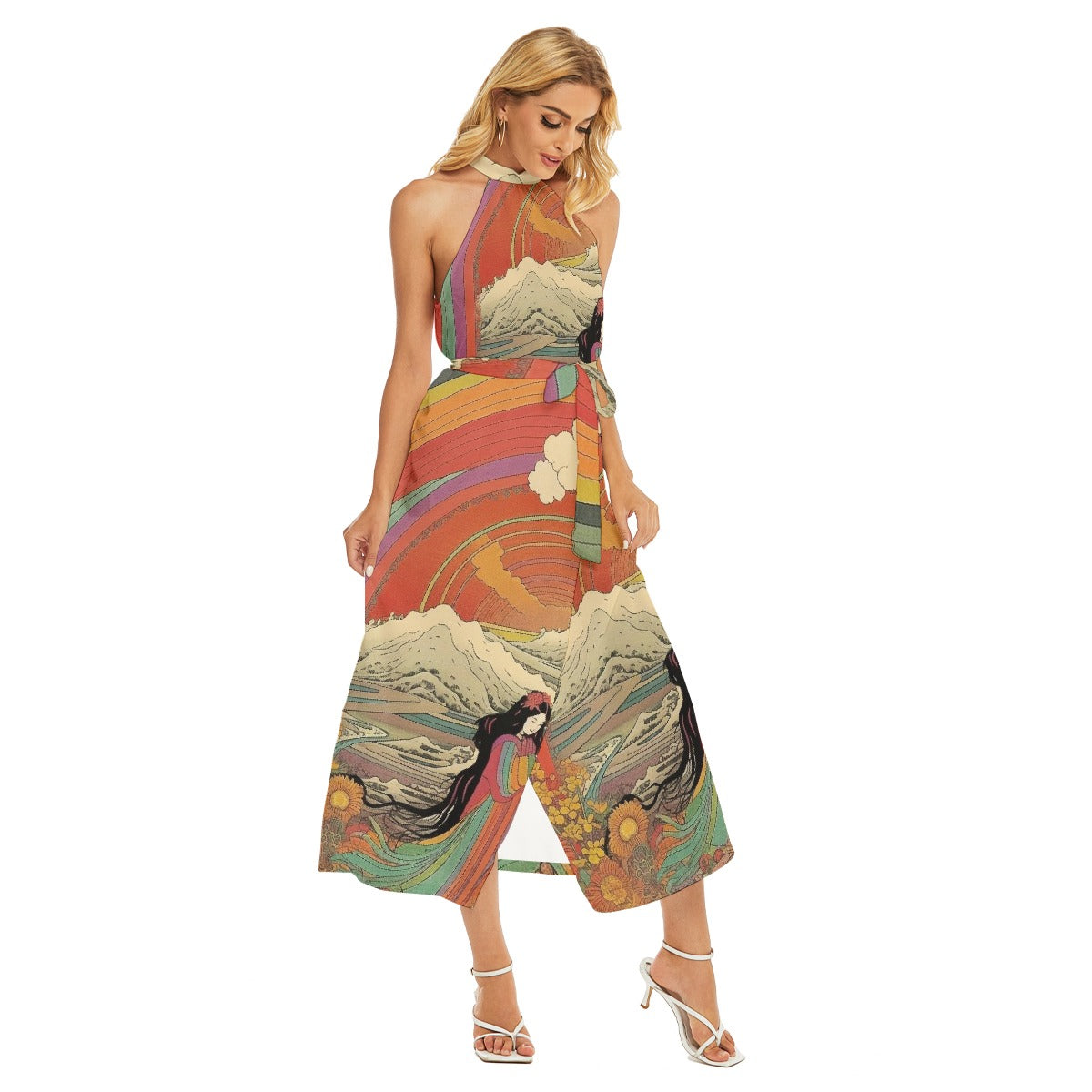 All-Over Print Women's Wrap Hem Belted Halter Dress