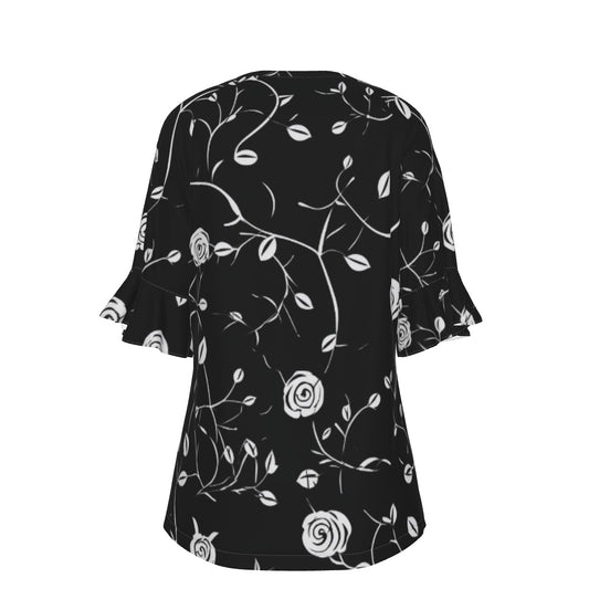 All-Over Print V-neck Women's T-shirt With Bell Sleeve