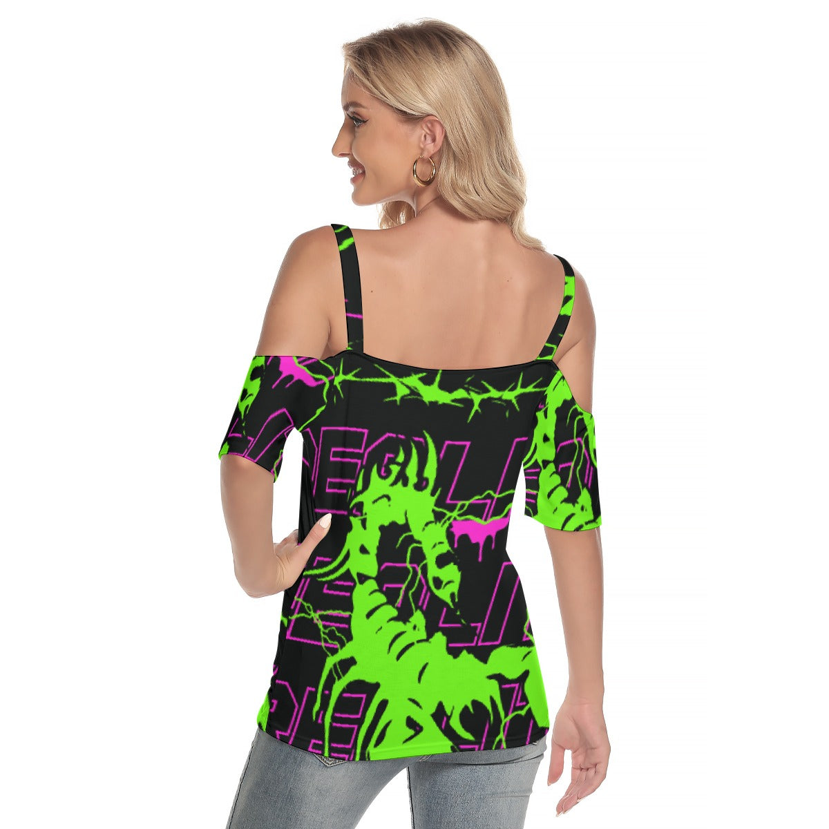 All-Over Print Women's Cold Shoulder T-shirt With Criss Cross Strips