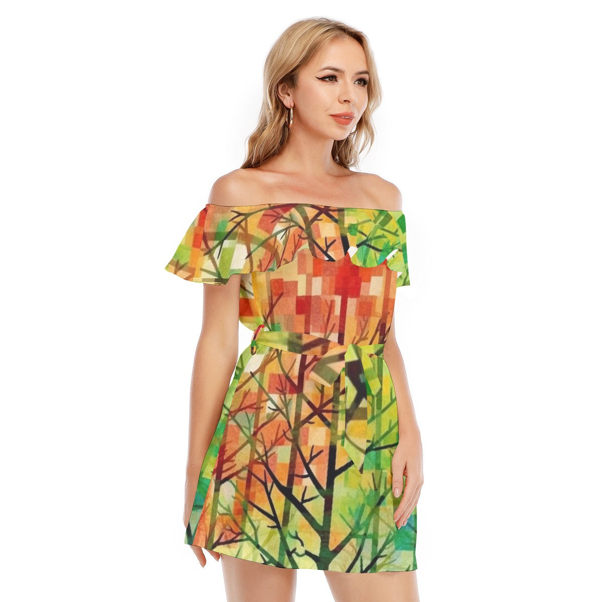 All-Over Print Women's Off-shoulder Dress With Ruffle