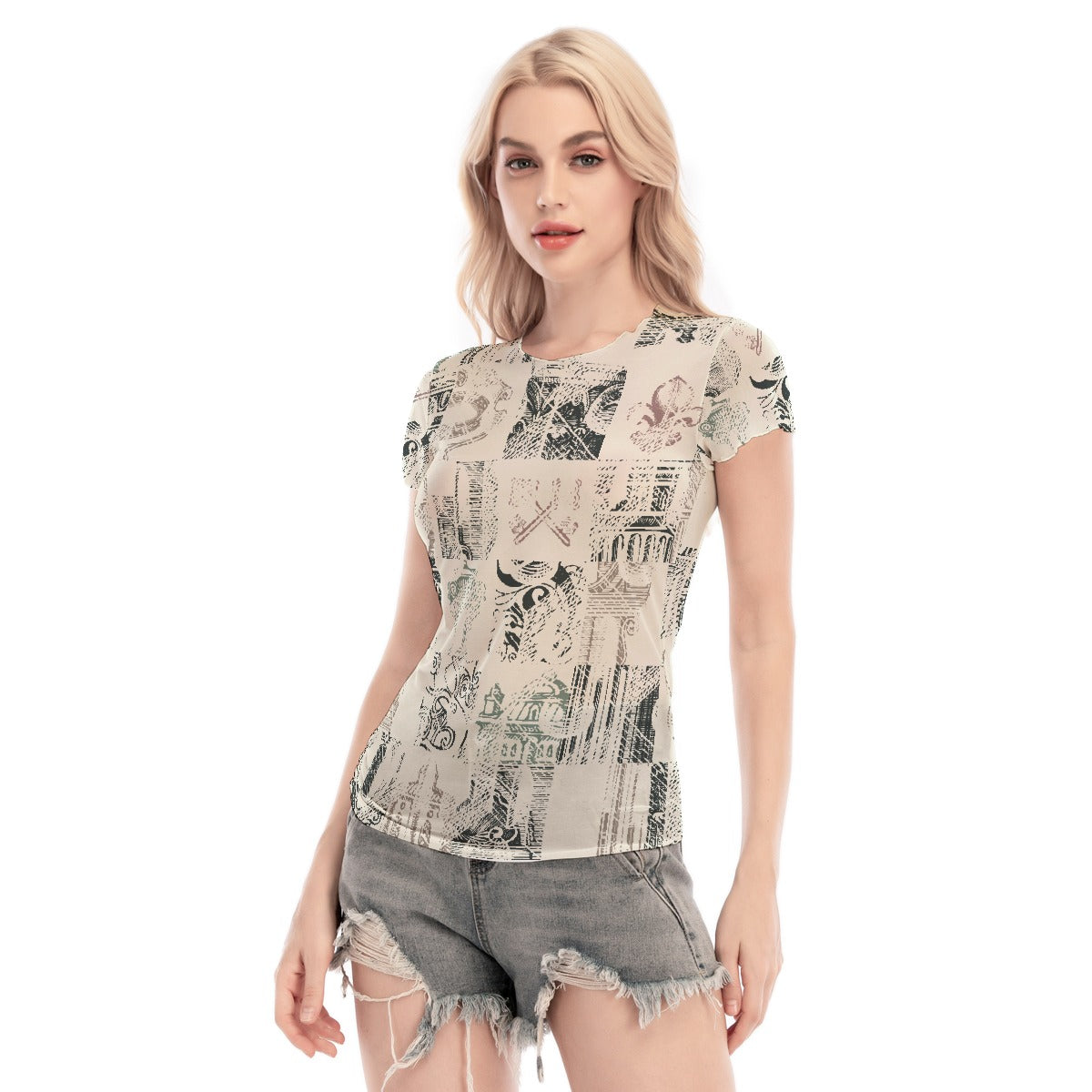 All-Over Print Women's Short Sleeve Mesh Blouse