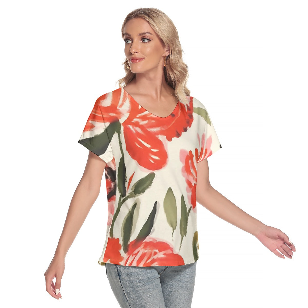 All-Over Print Women's Loose V-neck Short Sleeve T-shirt