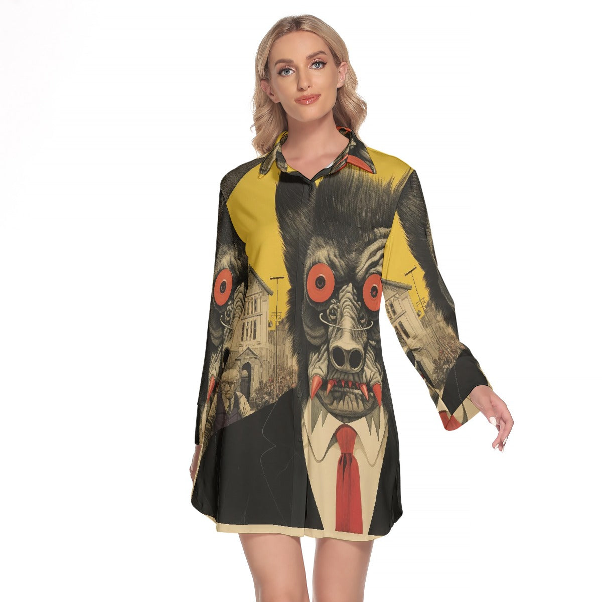 All-Over Print Women's Lapel Shirt Dress With Long Sleeve