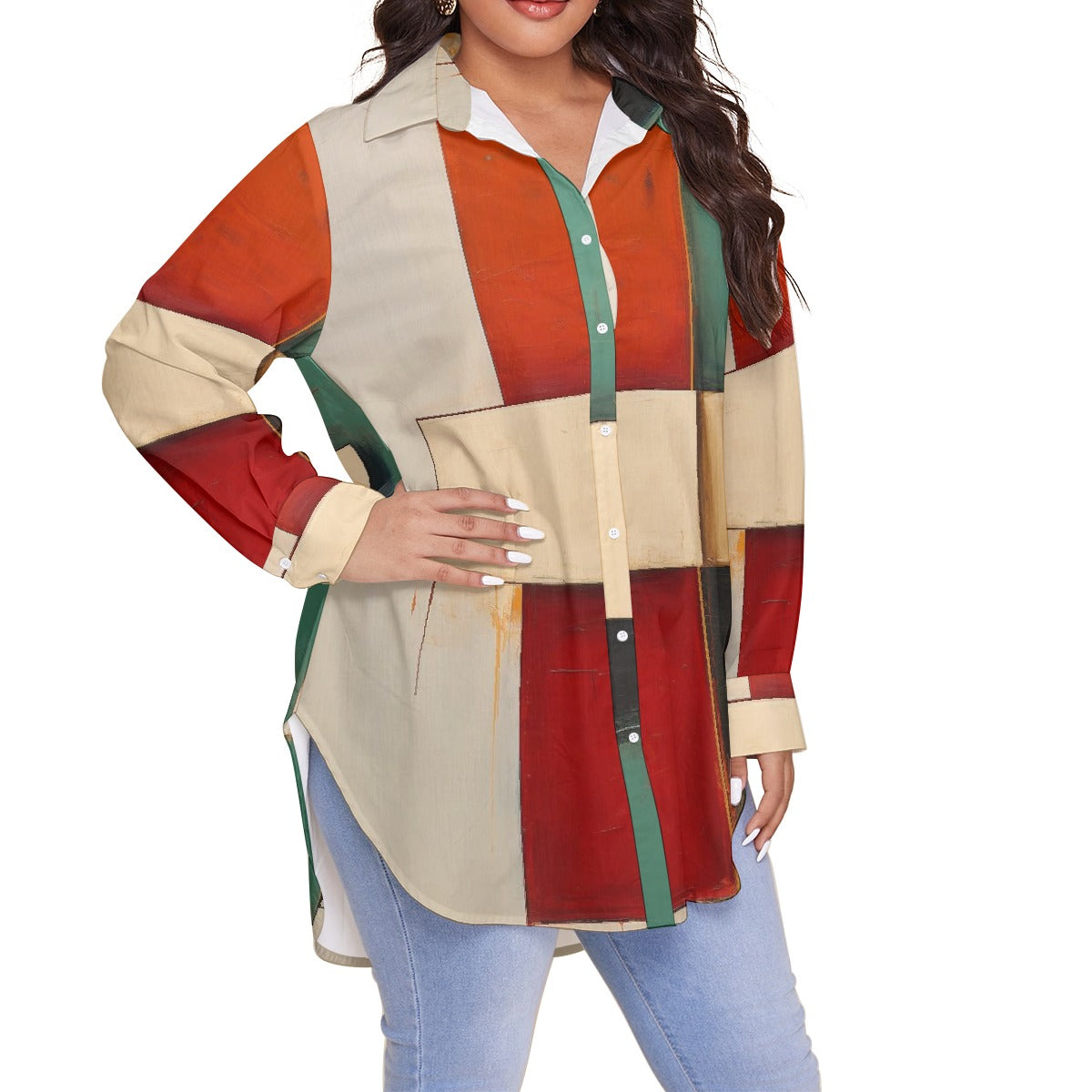 All-Over Print Women's Shirt With Long Sleeve(Plus Size)