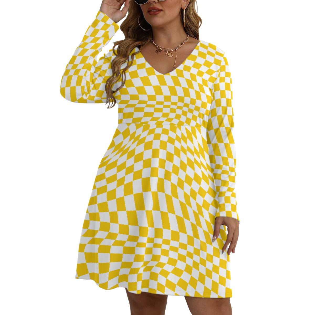 All-Over Print Women's V-neck Long Sleeve Dress(Plus Size)