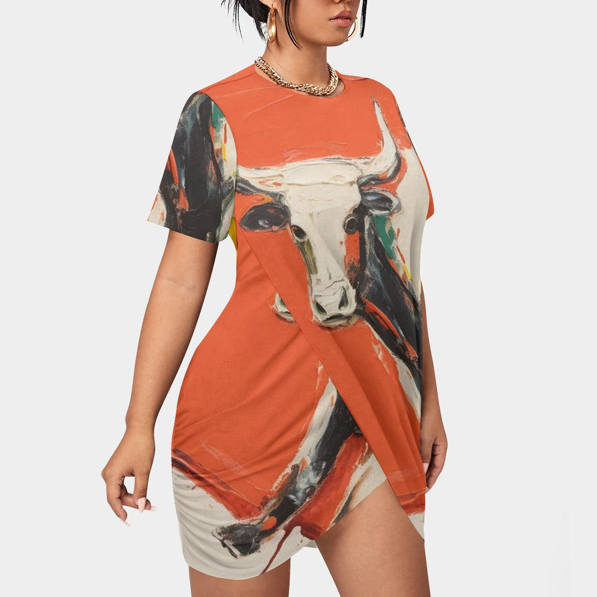 All-Over Print Women’s Stacked Hem Dress With Short Sleeve（Plus Size）