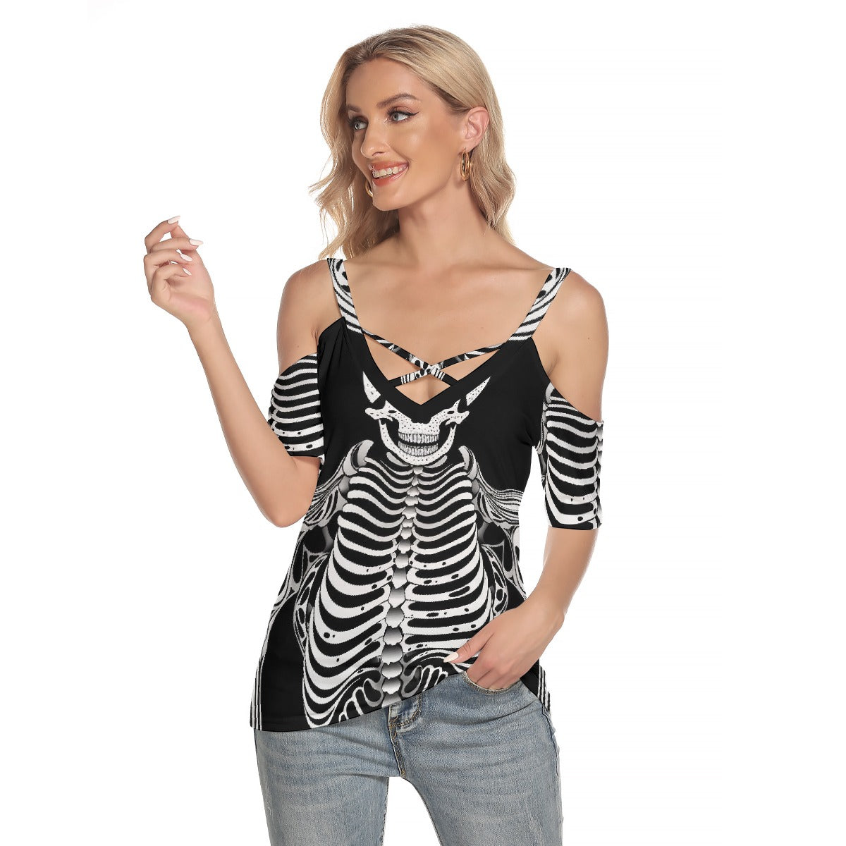 All-Over Print Women's Cold Shoulder T-shirt With Criss Cross Strips