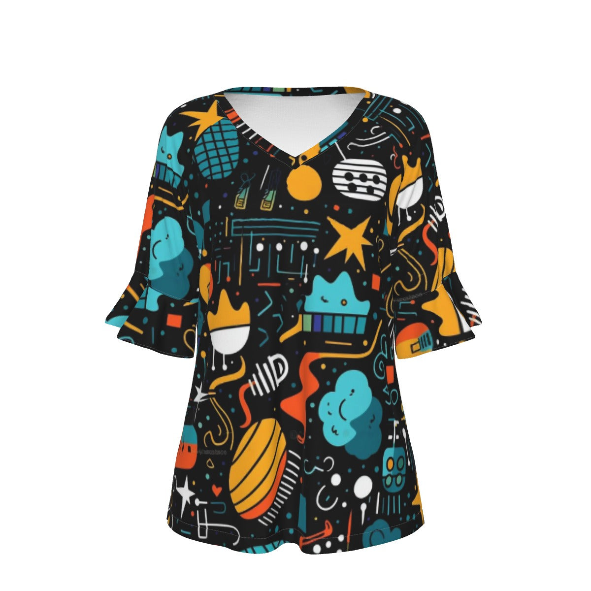 All-Over Print V-neck Women's T-shirt With Bell Sleeve