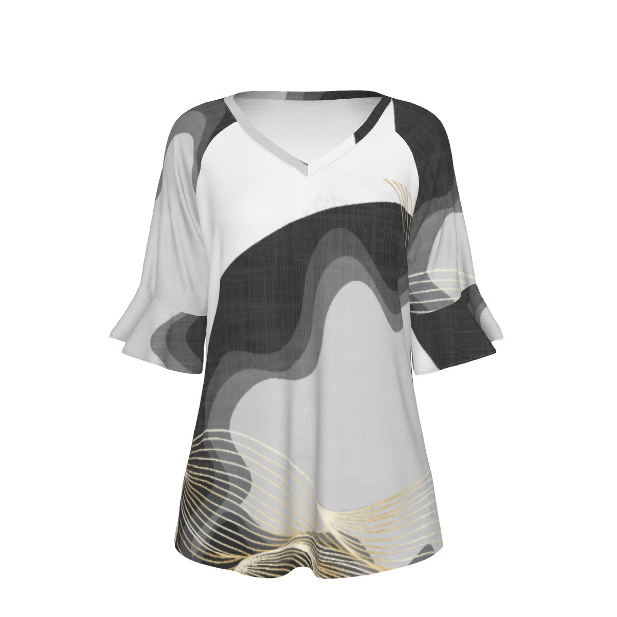 All-Over Print V-neck Women's T-shirt With Bell Sleeve