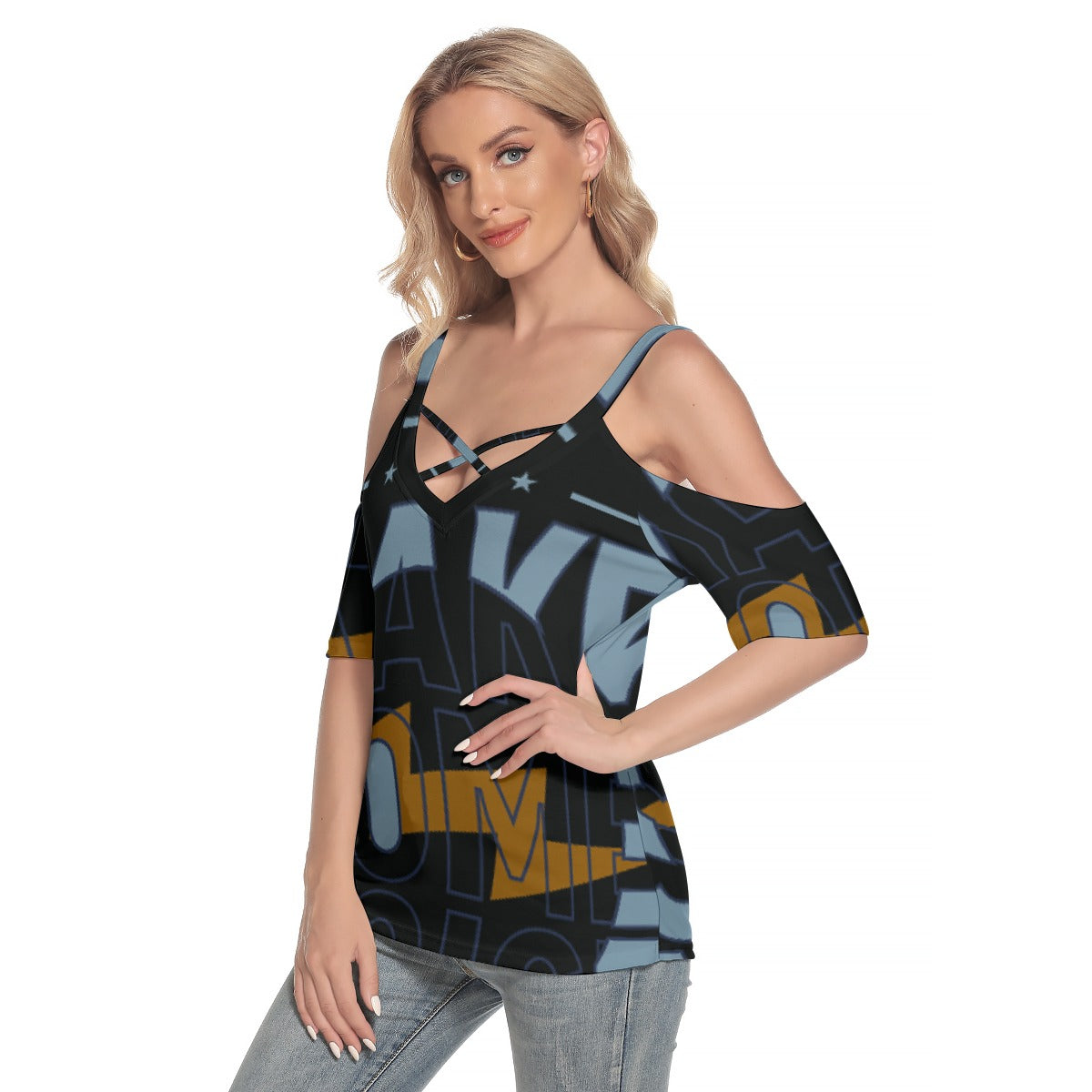 All-Over Print Women's Cold Shoulder T-shirt With Criss Cross Strips