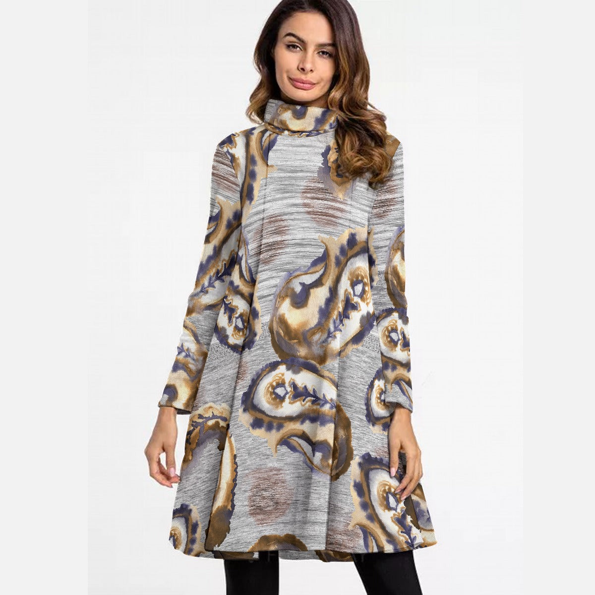 All-Over Print Women's High Neck Dress With Long Sleeve