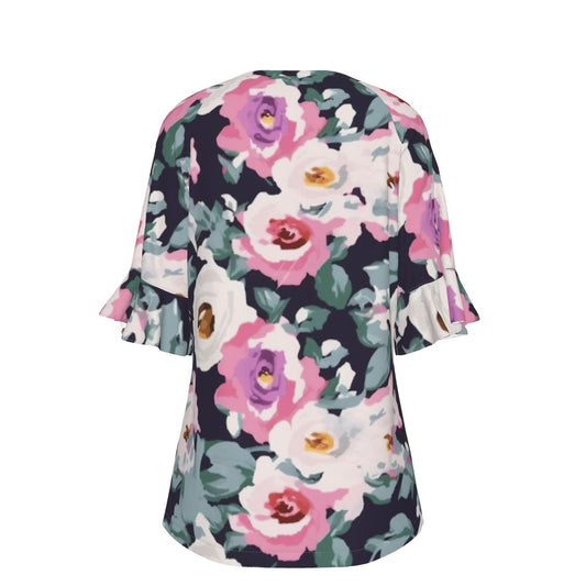 All-Over Print V-neck Women's T-shirt With Bell Sleeve