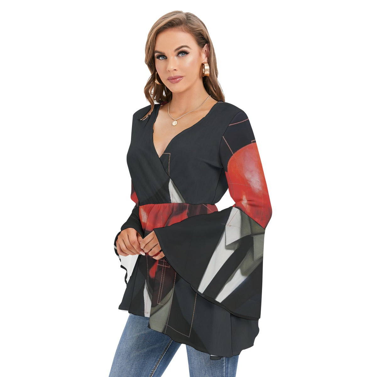 All-Over Print Women's V-neck Blouse With Flared Sleeves