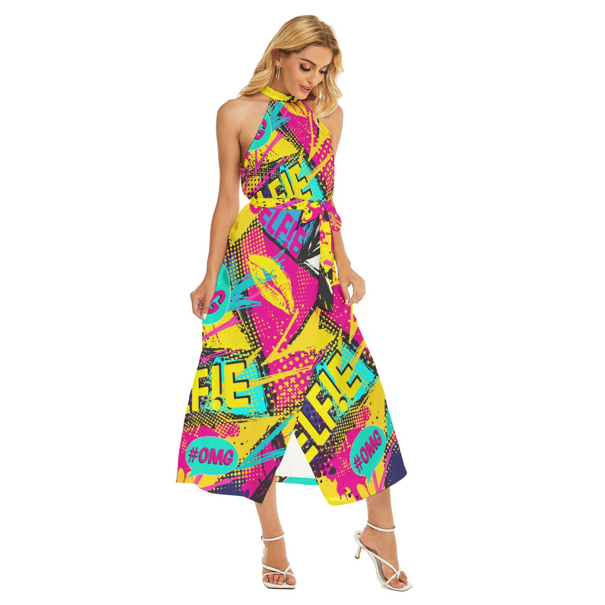 All-Over Print Women's Wrap Hem Belted Halter Dress