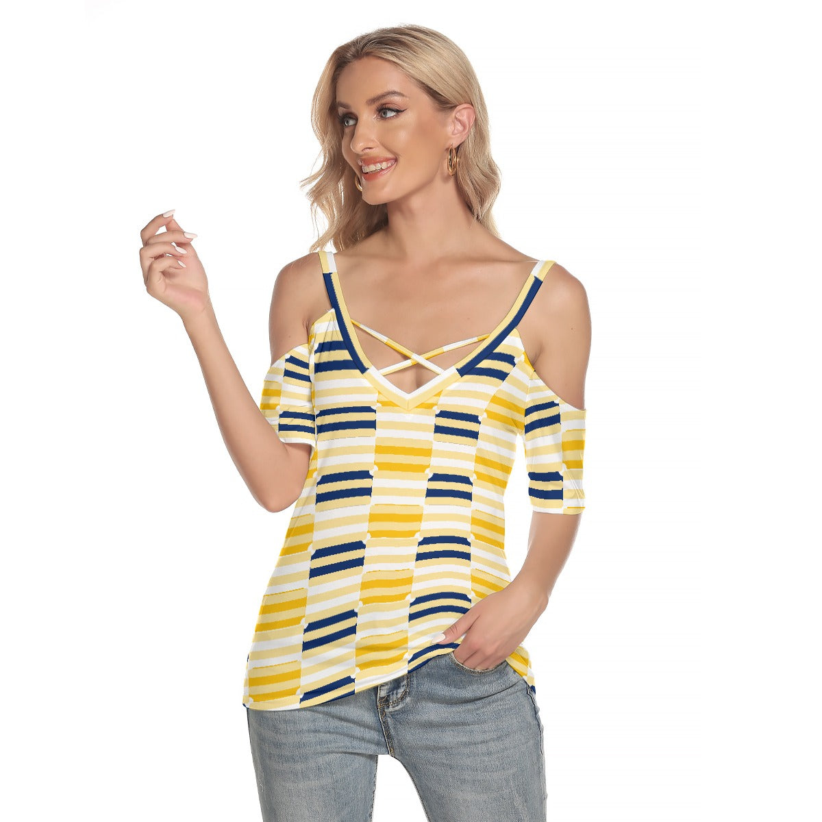 All-Over Print Women's Cold Shoulder T-shirt With Criss Cross Strips