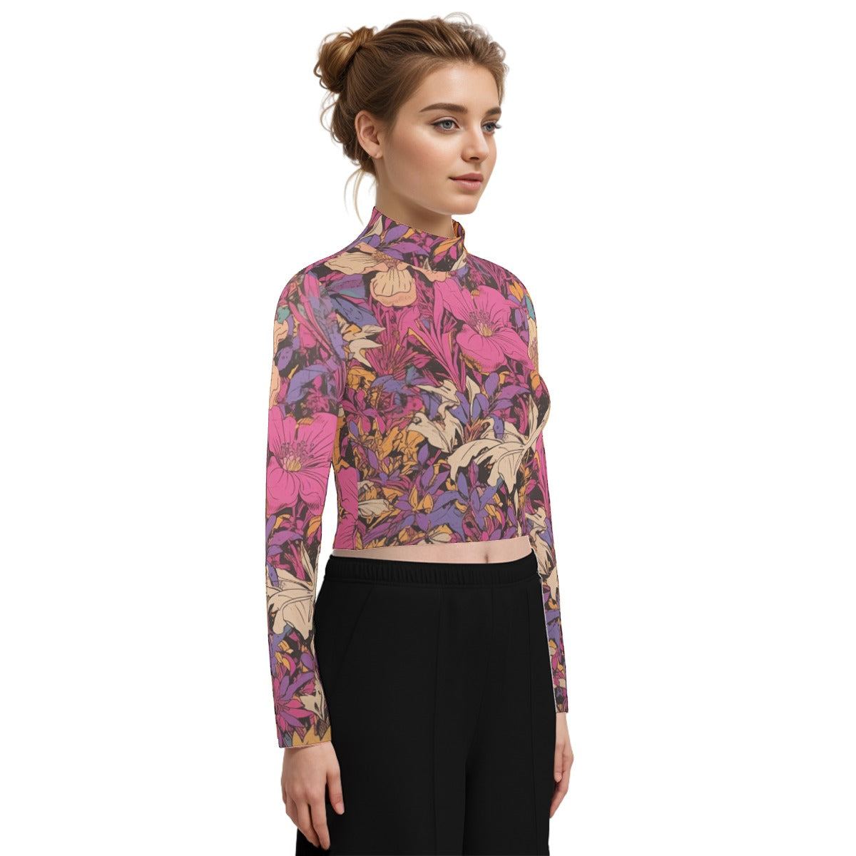 Eco-Friendly All-Over Print Women's Turtleneck T-shirt With Long Sleeve