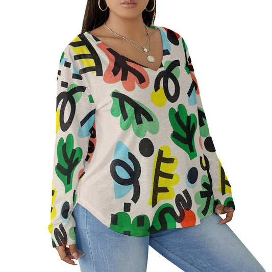 All-Over Print Women's V-neck T-shirt With Curved Hem(Plus Size)