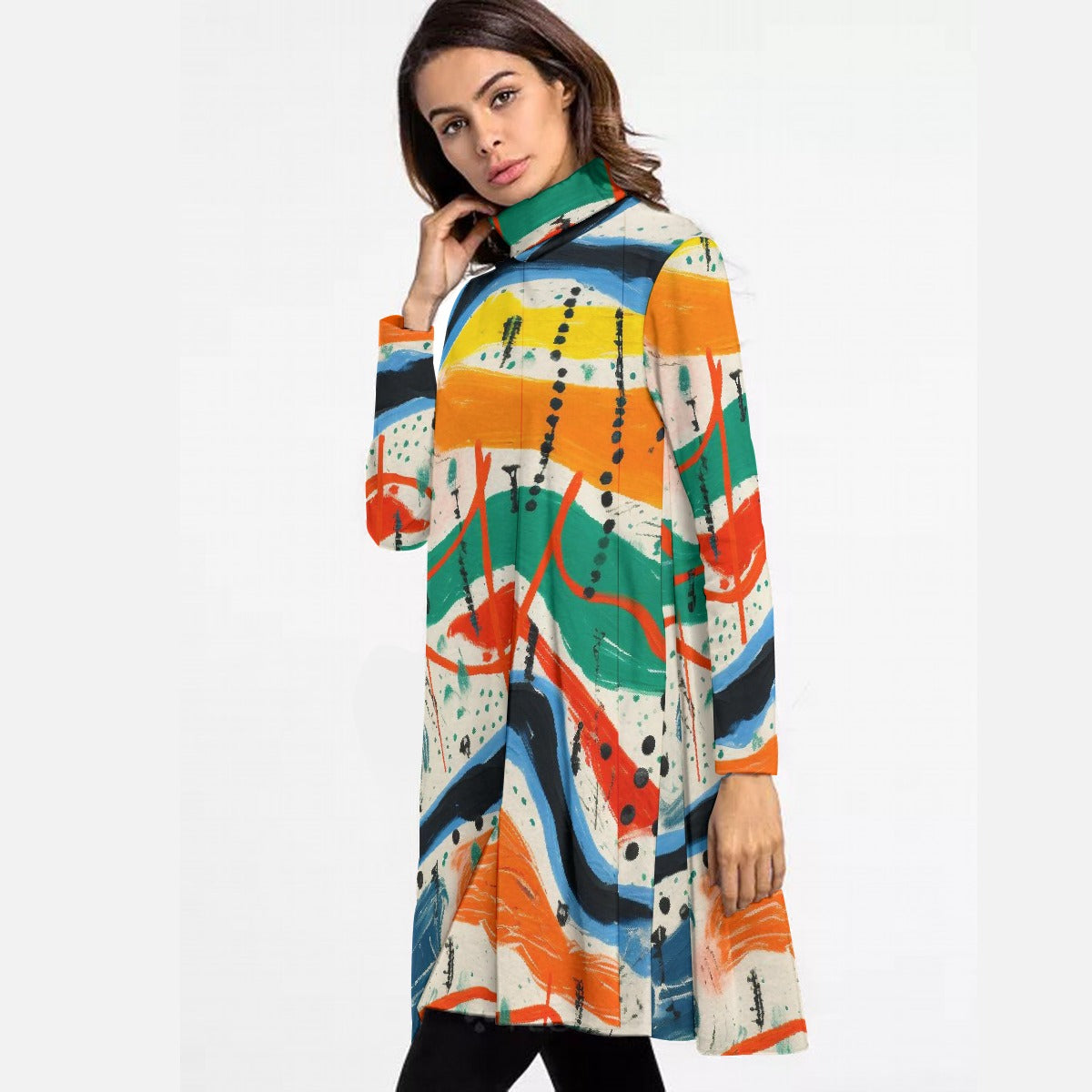 All-Over Print Women's High Neck Dress With Long Sleeve