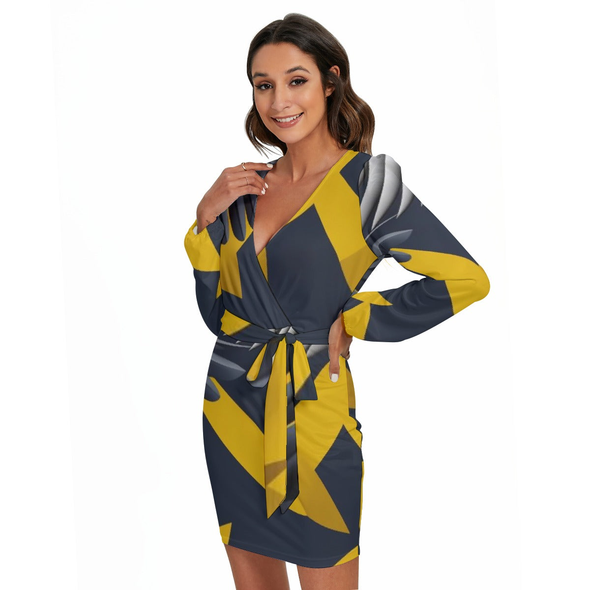 All-Over Print Women's Long Sleeve Dress With Waist Belt