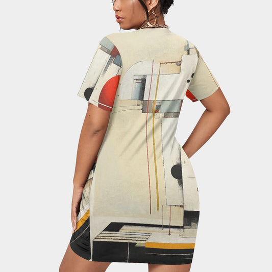 All-Over Print Women’s Stacked Hem Dress With Short Sleeve（Plus Size）