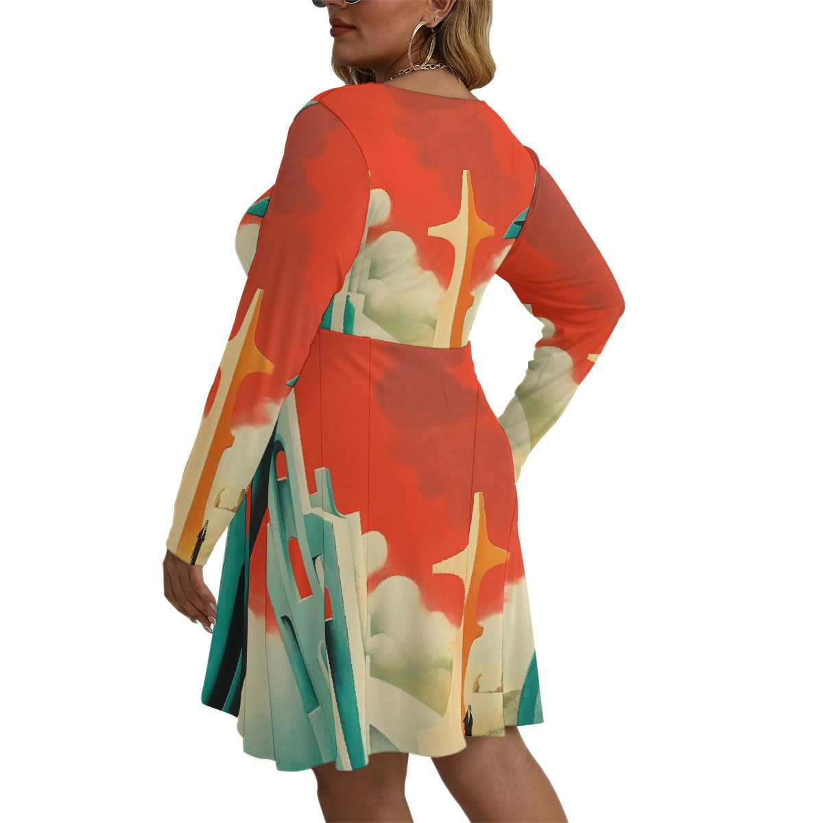 All-Over Print Women's V-neck Long Sleeve Dress(Plus Size)