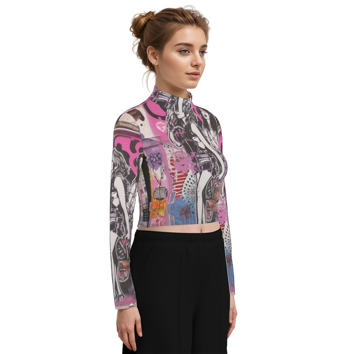 Eco-Friendly All-Over Print Women's Turtleneck T-shirt With Long Sleeve