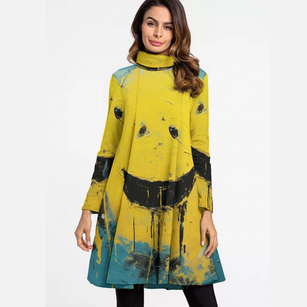 All-Over Print Women's High Neck Dress With Long Sleeve