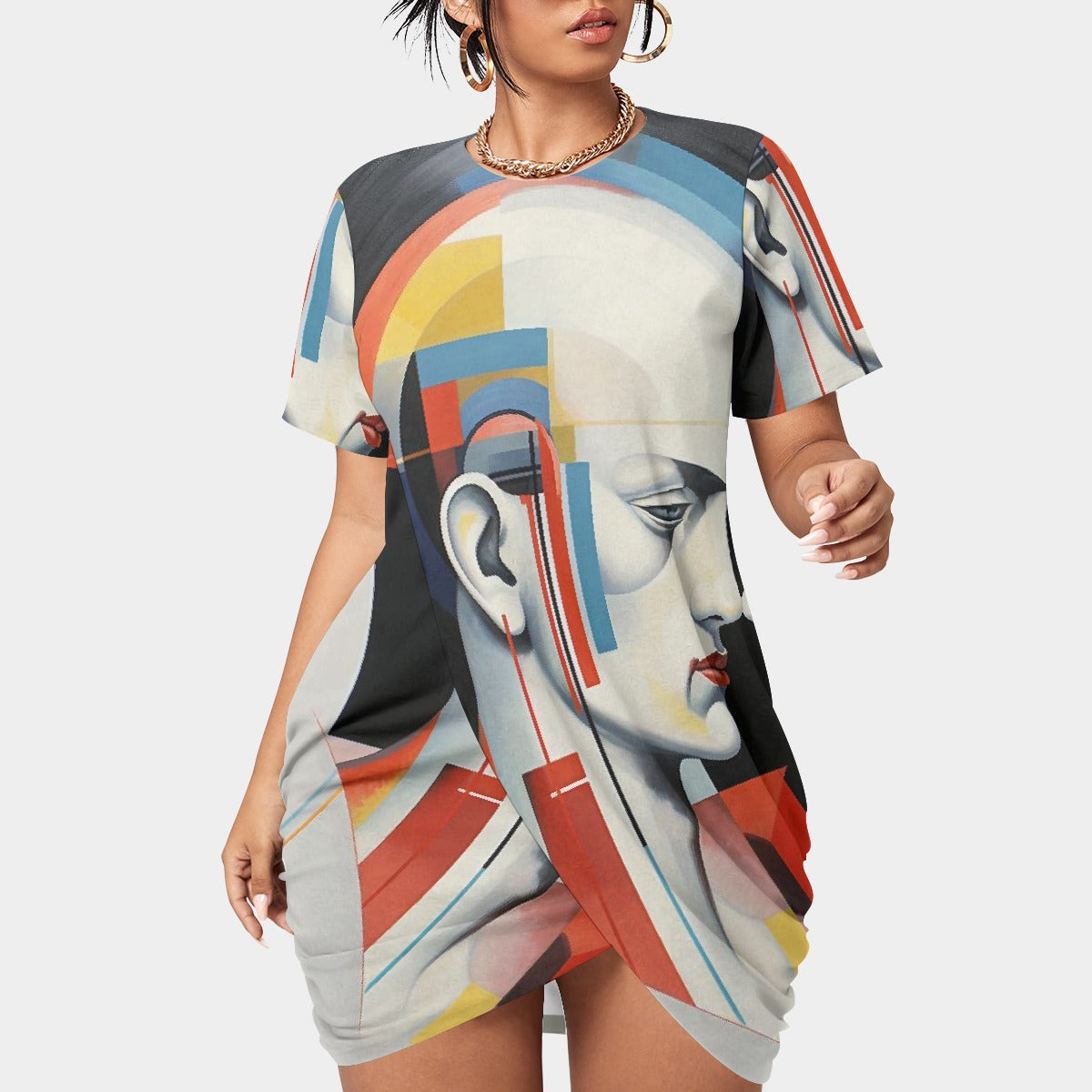 All-Over Print Women’s Stacked Hem Dress With Short Sleeve（Plus Size）