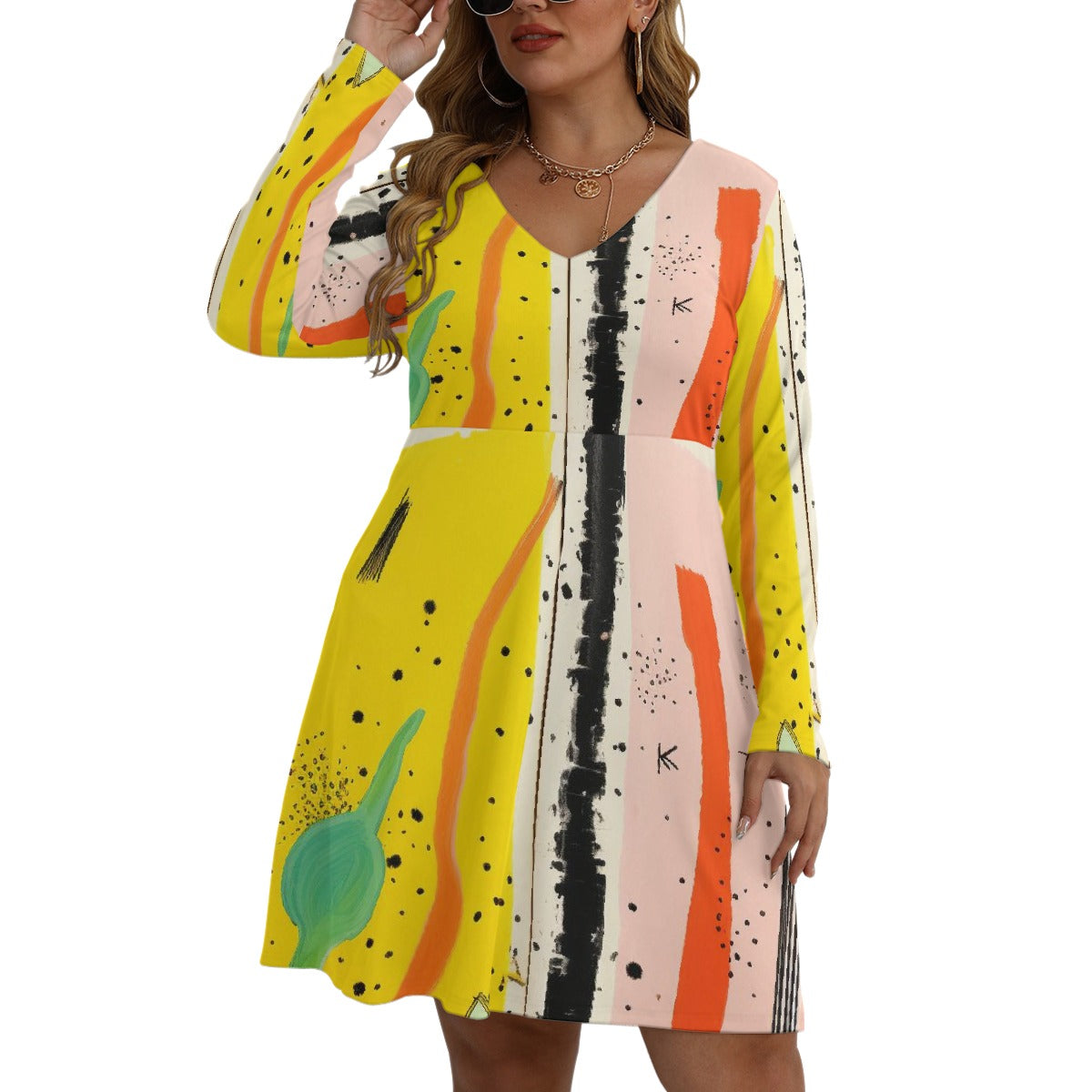 All-Over Print Women's V-neck Long Sleeve Dress(Plus Size)