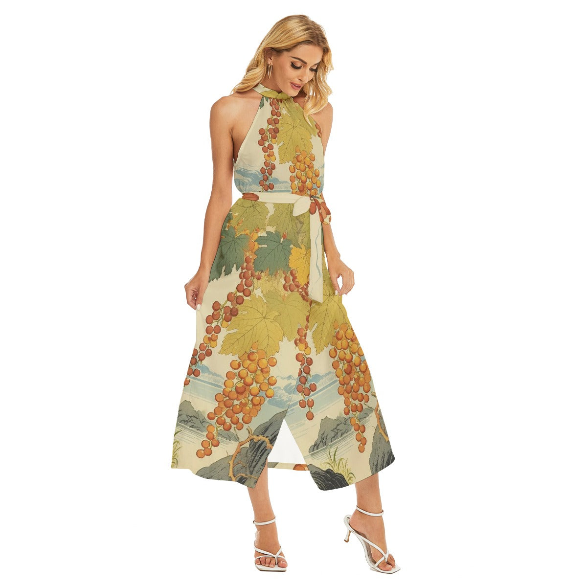 All-Over Print Women's Wrap Hem Belted Halter Dress