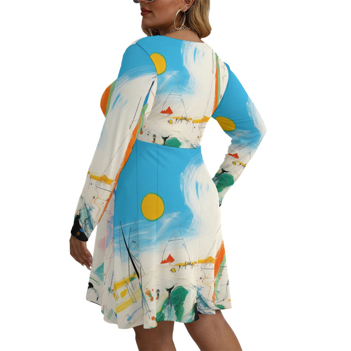 All-Over Print Women's V-neck Long Sleeve Dress(Plus Size)