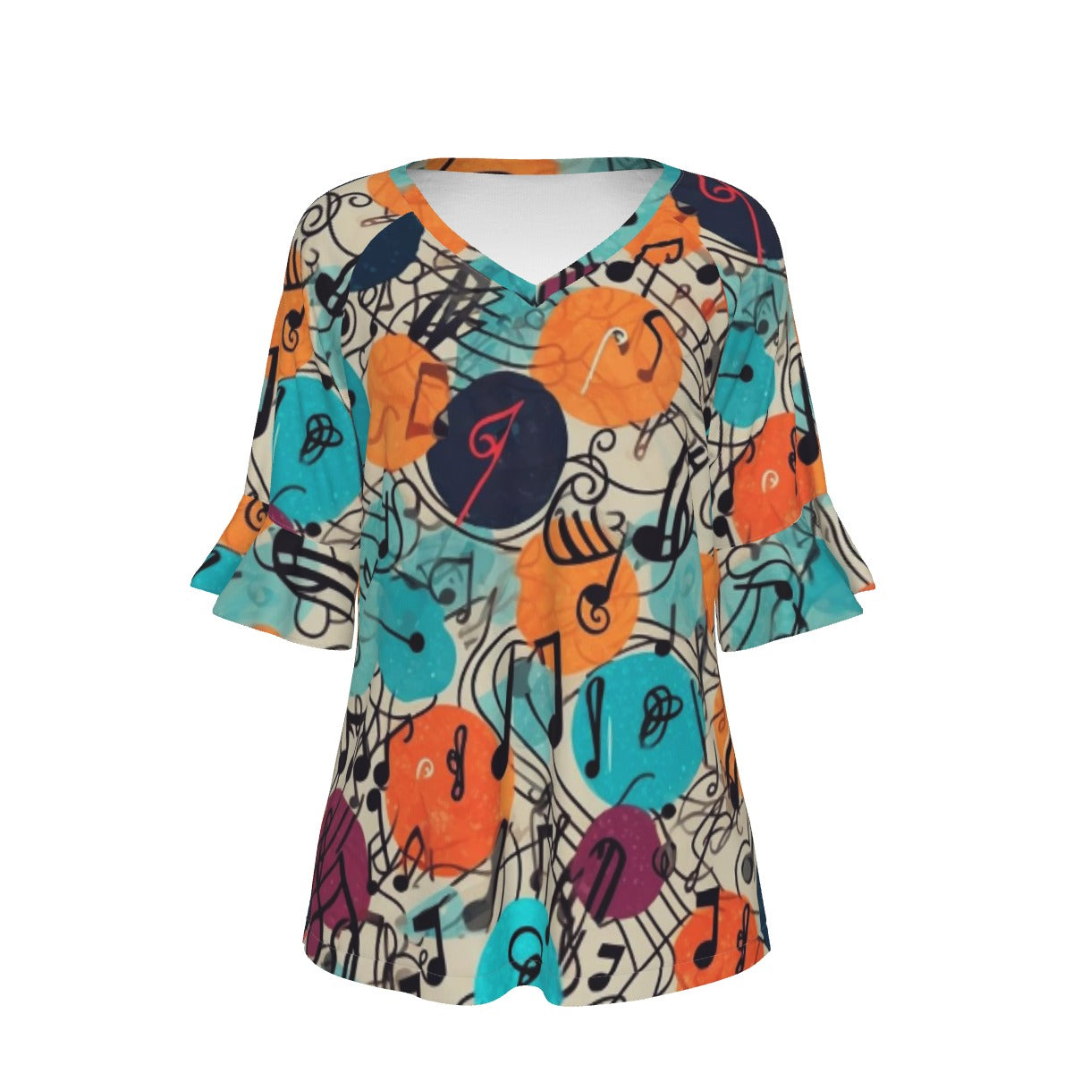 All-Over Print V-neck Women's T-shirt With Bell Sleeve