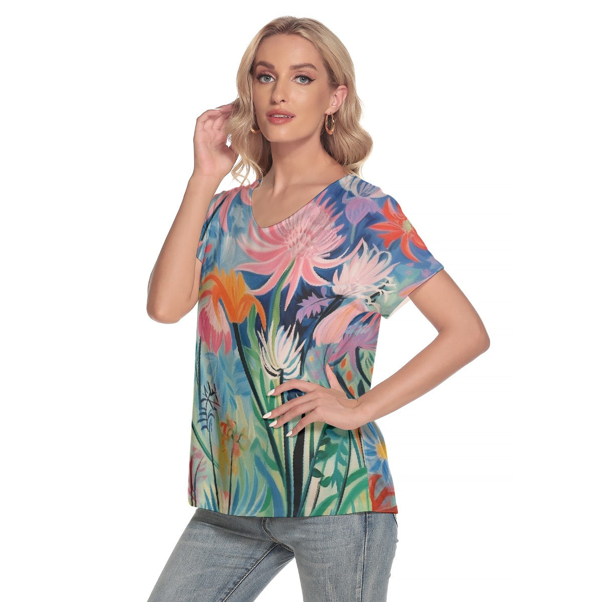 All-Over Print Women's Loose V-neck Short Sleeve T-shirt