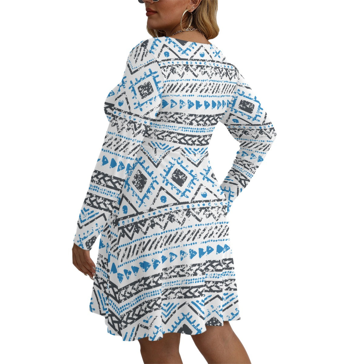 All-Over Print Women's V-neck Long Sleeve Dress(Plus Size)