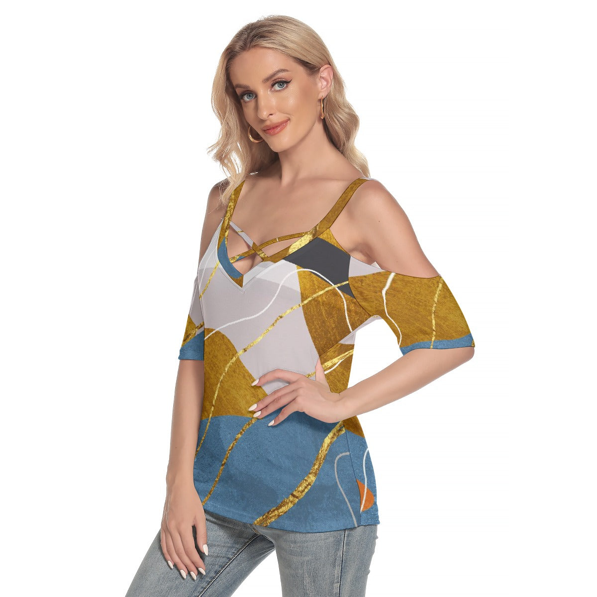 All-Over Print Women's Cold Shoulder T-shirt With Criss Cross Strips