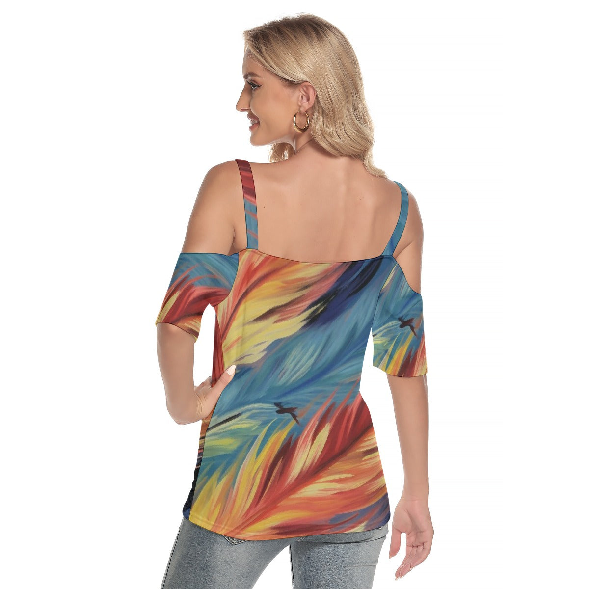 All-Over Print Women's Cold Shoulder T-shirt With Criss Cross Strips