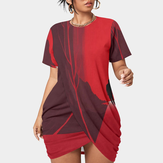 All-Over Print Women’s Stacked Hem Dress With Short Sleeve（Plus Size）