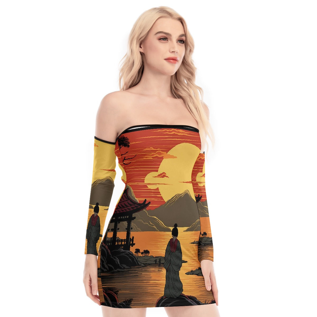 All-Over Print Women's Off-shoulder Back Lace-up Dress