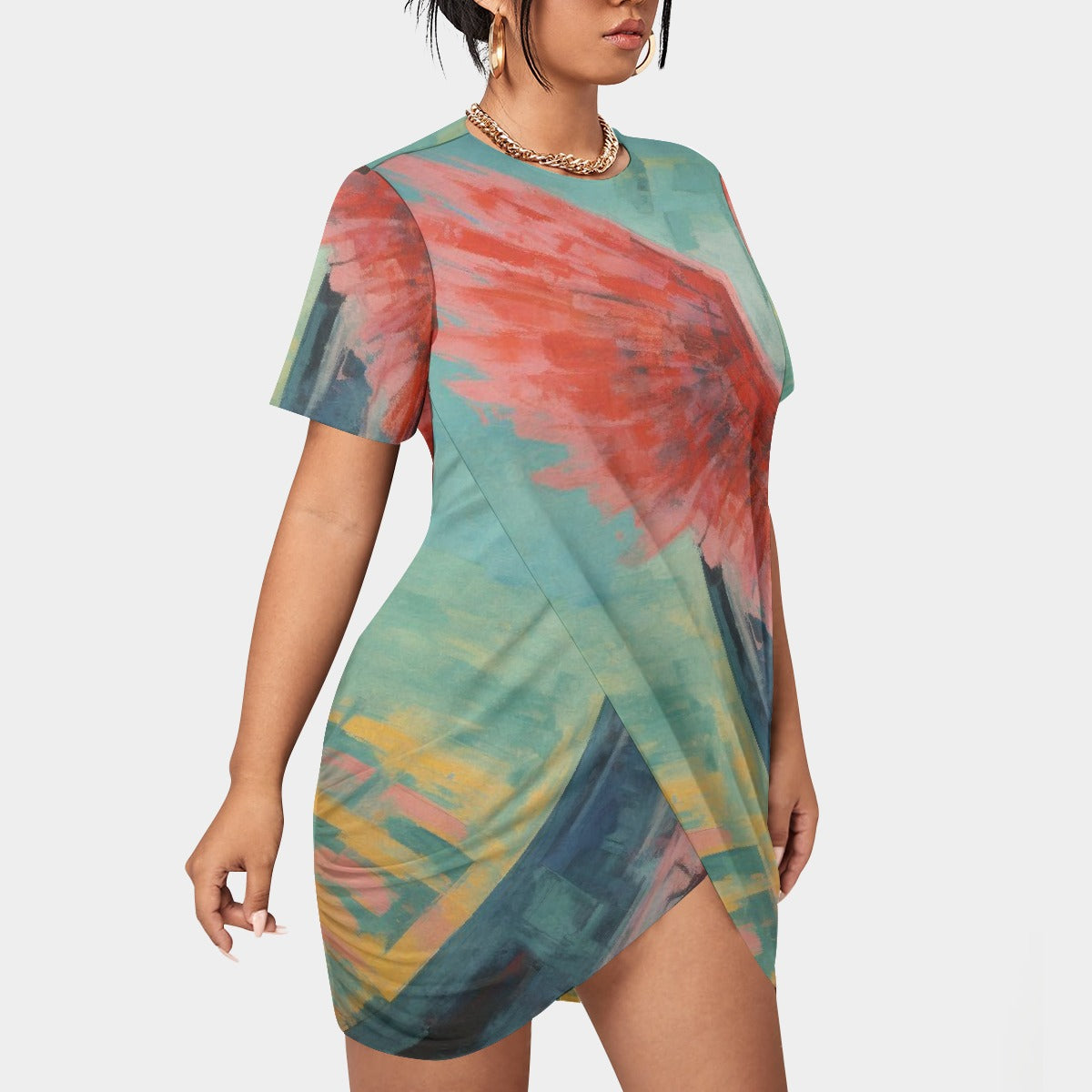 All-Over Print Women’s Stacked Hem Dress With Short Sleeve（Plus Size）