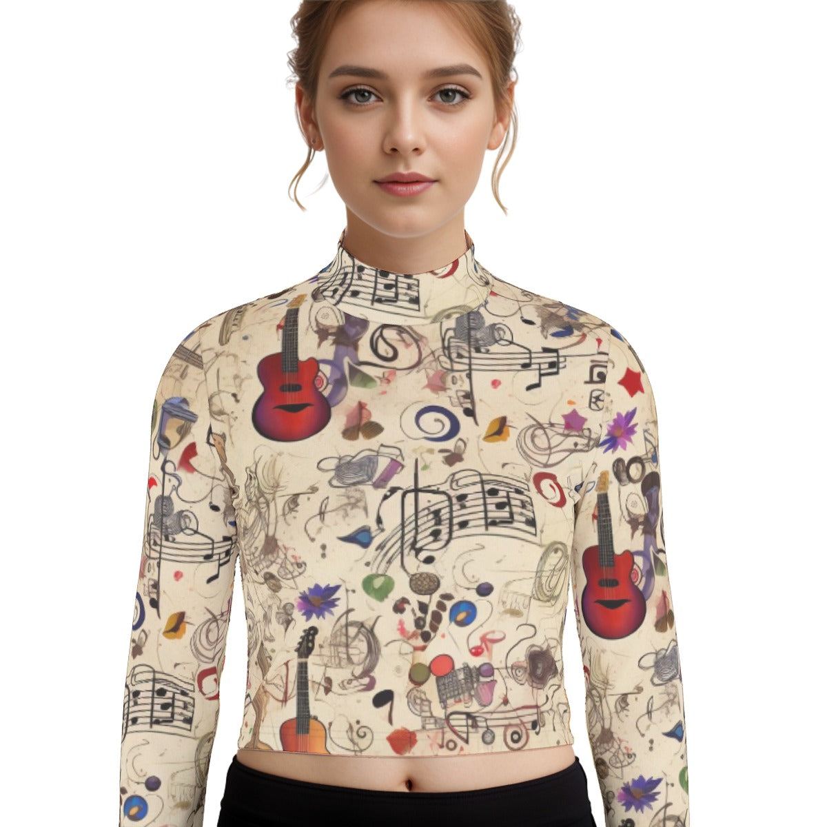 Eco-Friendly All-Over Print Women's Turtleneck T-shirt With Long Sleeve