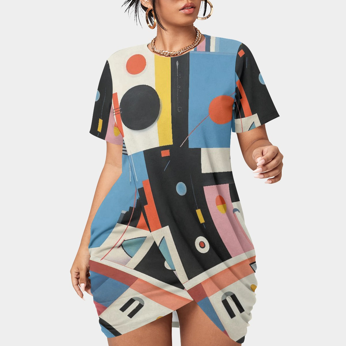 All-Over Print Women’s Stacked Hem Dress With Short Sleeve（Plus Size）