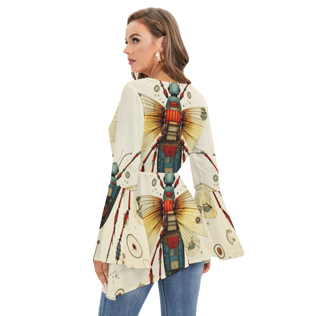 All-Over Print Women's V-neck Blouse With Flared Sleeves