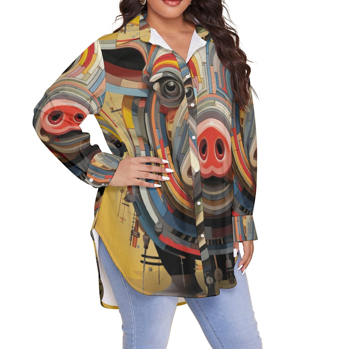 All-Over Print Women's Shirt With Long Sleeve(Plus Size)