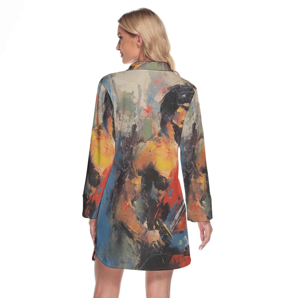 All-Over Print Women's Lapel Shirt Dress With Long Sleeve