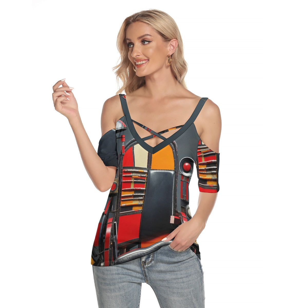 All-Over Print Women's Cold Shoulder T-shirt With Criss Cross Strips