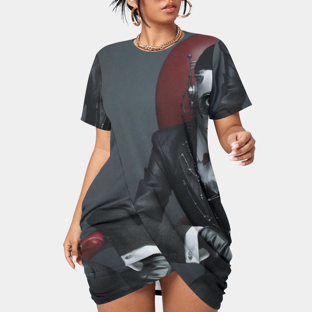 All-Over Print Women’s Stacked Hem Dress With Short Sleeve（Plus Size）