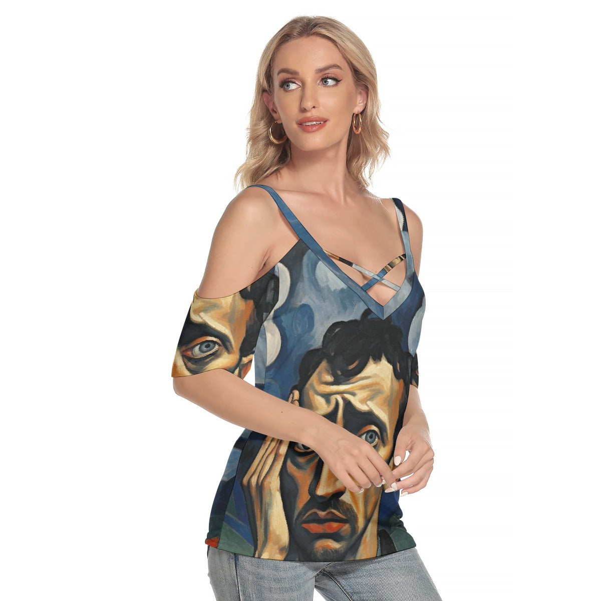 All-Over Print Women's Cold Shoulder T-shirt With Criss Cross Strips